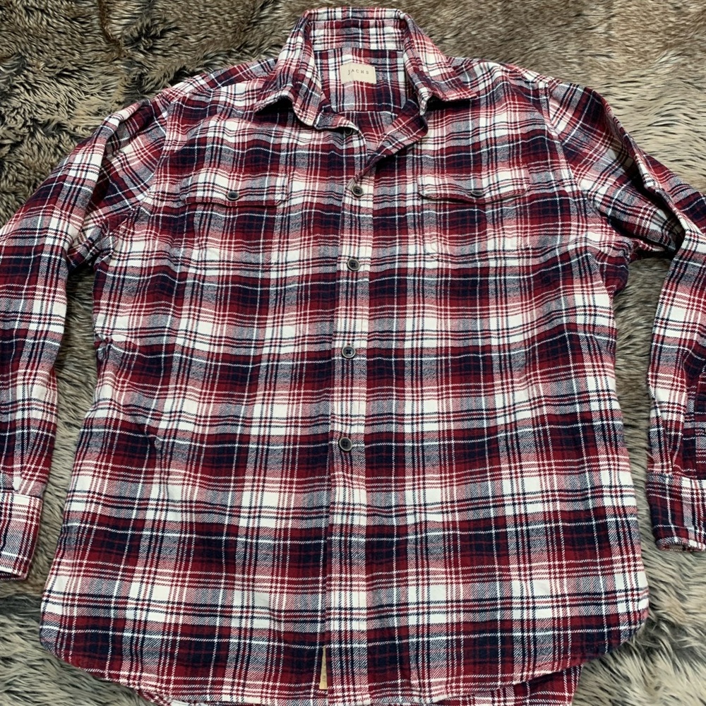 Jachs Mens Red Black Plaid Flannel Shirt Button Up Heavy Long Sleeve Size L